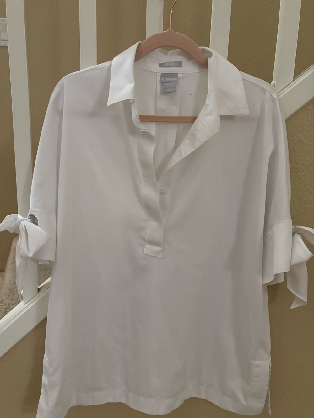 Chico's White Tie-Sleeve Collared Tunic Blouse
